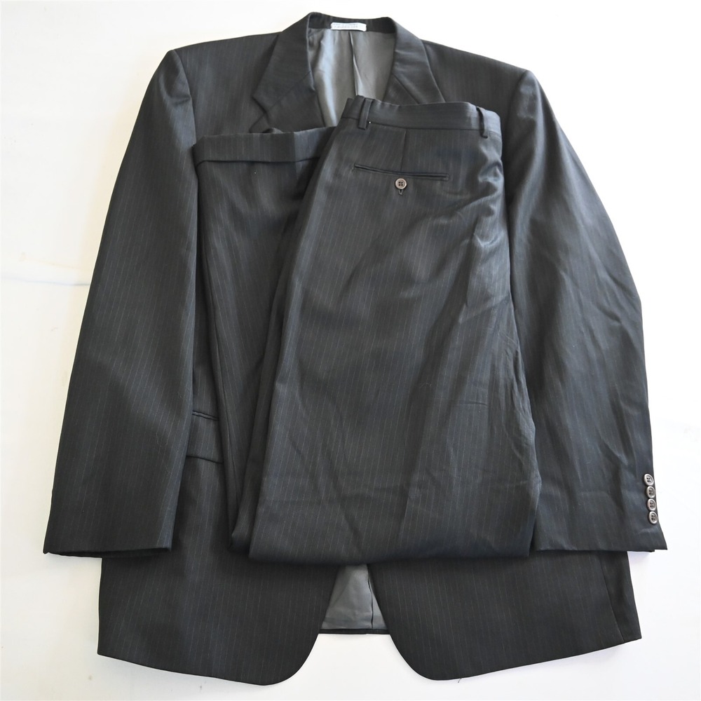 Louis Feraud 46R 36x36 Gray Stripe 100%‎ Wool Mens Jacket Pants Suit